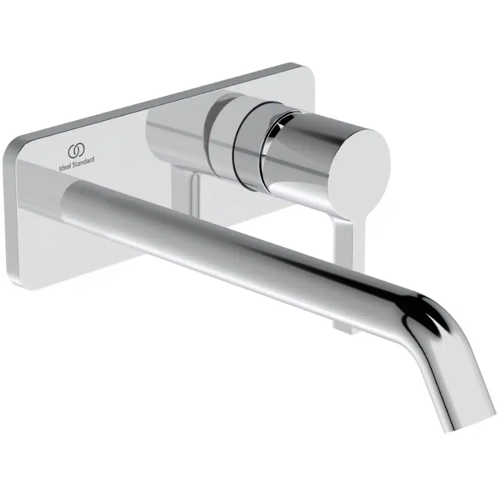 Wand-Waschtischarmatur aus Chrom von Ideal Standard mit eckiger Rosette und einem längeren Auslauf. Schlichte, moderne Form für Badezimmeranwendungen.